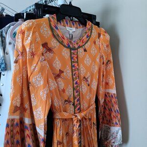 NWT Birds Flowers Alligators Cotton Maxi Sunflower Yellow Long Sleeve Dress